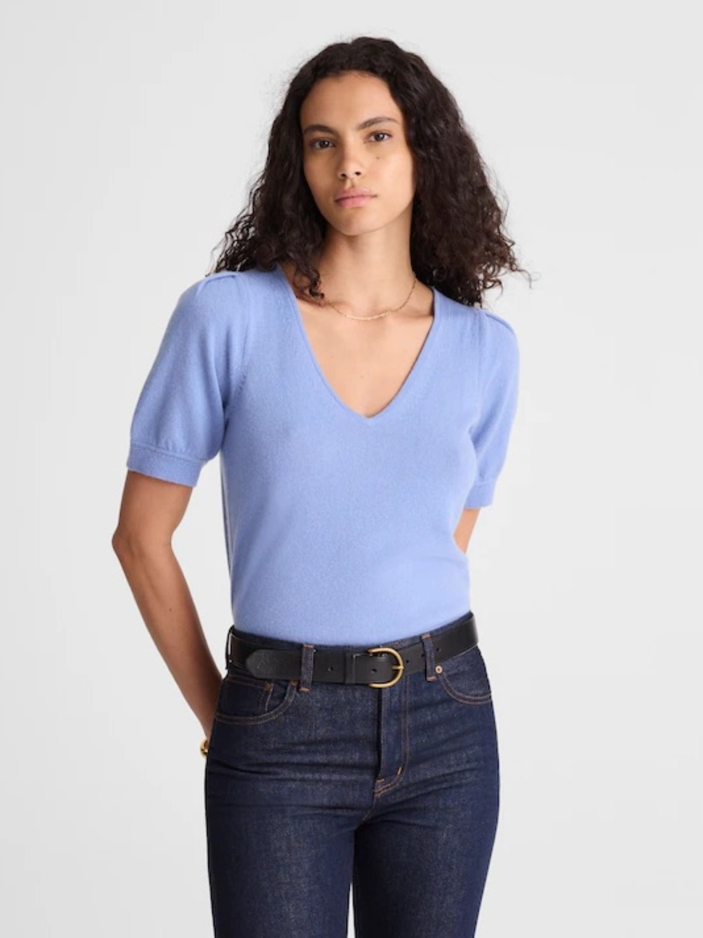 Madewell Woman’s 100% Cashmere Blue V-Neck Puff Sleeves Sweater Top M NT005
